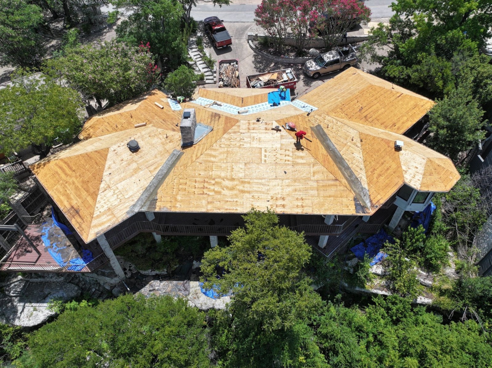 The concrete tile fully removed, exposing the wood roof deck for inspection, with tarps protecting the landscaping below.