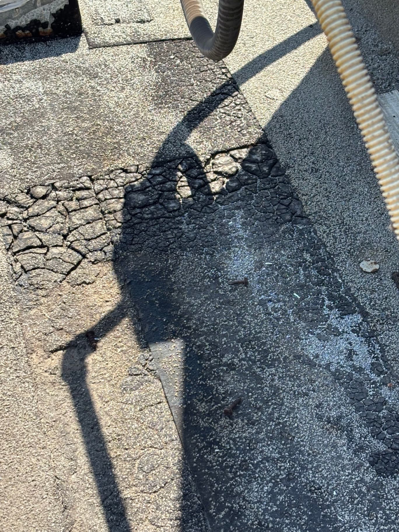 Close-up of old roof cement patches on a ModBit roof, dried and cracked like alligator skin, with loose screws on the surface.