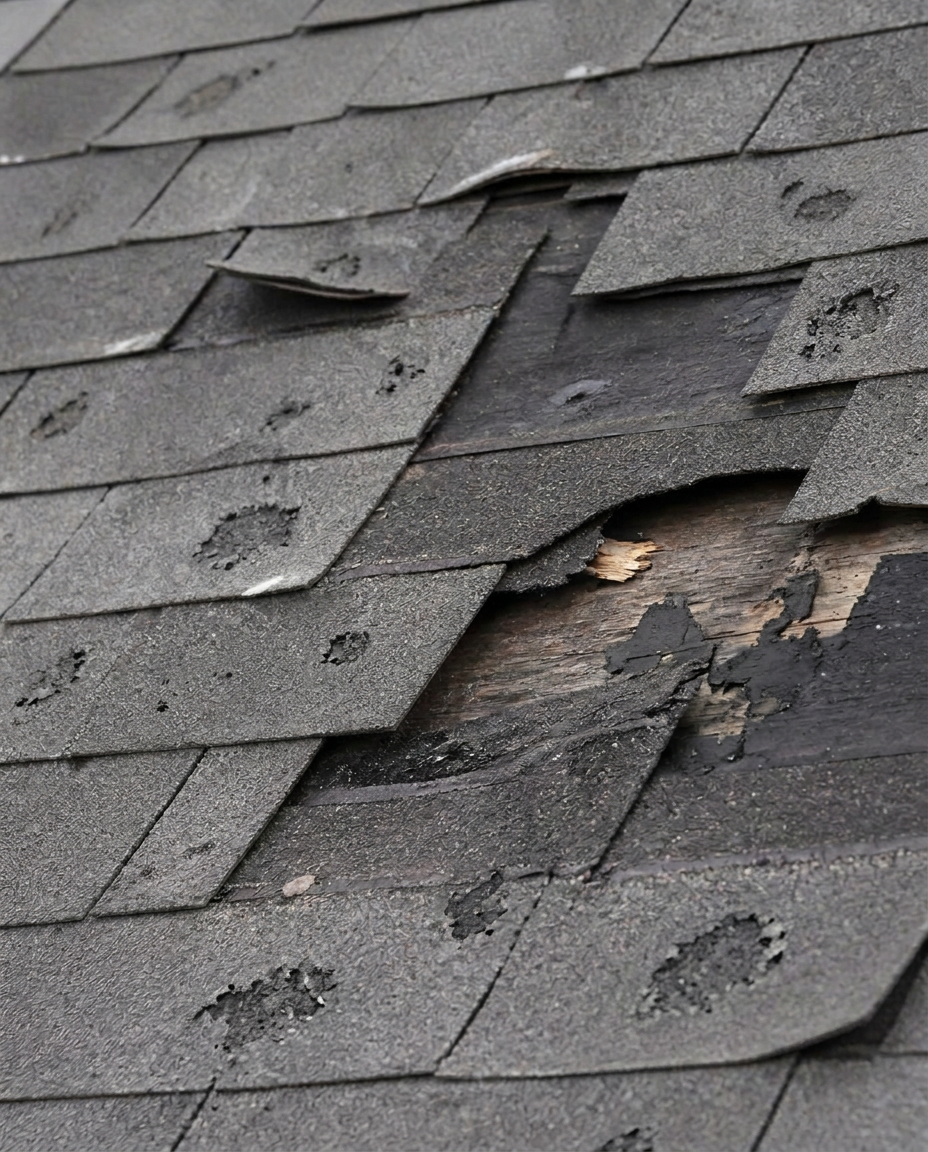 Hail-damaged grey shingles with lifted edges and exposed decking